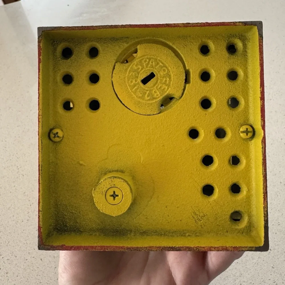 Vintage Cast Iron Novelty Mechanical Coin Bank Building with Teller Rproduction